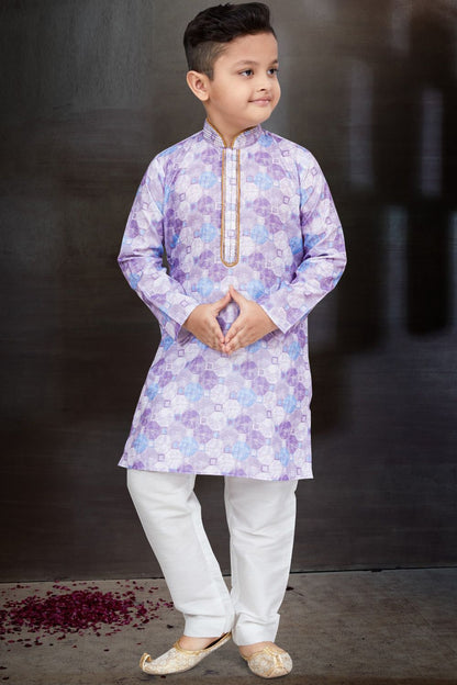 Light Lavender Cotton Printed Boys Kurta Pajama (NKK-773) - Nihal Fashions