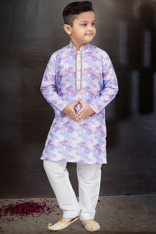 Light Lavender Cotton Printed Boys Kurta Pajama (NKK-773) - Nihal Fashions