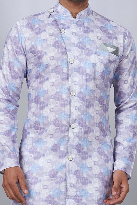 Light Lavender Cotton Printed Mens Indo Western (NMK-6938) - Nihal Fashions