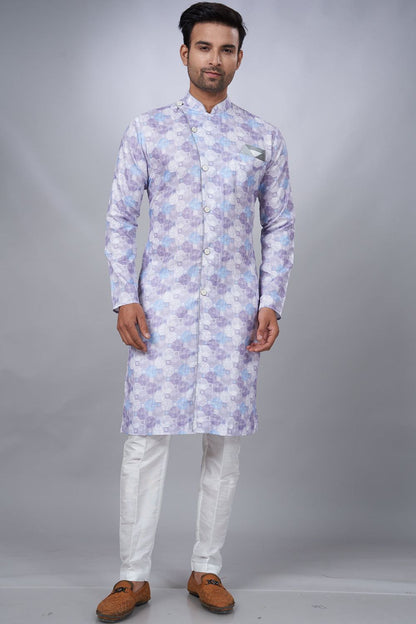 Light Lavender Cotton Printed Mens Indo Western (NMK-6938) - Nihal Fashions