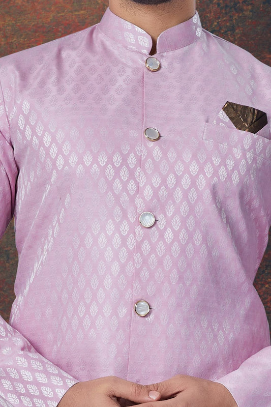 Light Lavender Jaquard Mens Indo Western (NMK-7862) - Nihal Fashions