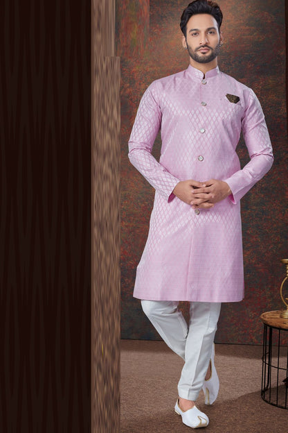 Light Lavender Jaquard Mens Indo Western (NMK-7862) - Nihal Fashions