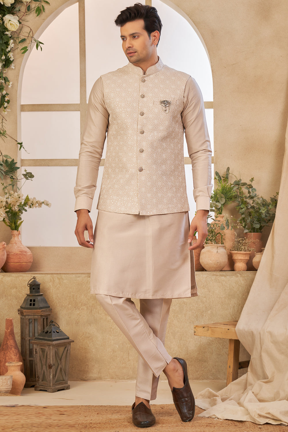 Light Onion Art Silk Nehru Jacket (NMK-8045) - Nihal Fashions