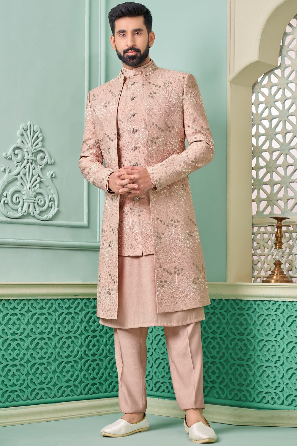 Light Onion Pink Embroidered Art Silk Indo Western (NMK-7641) - Nihal Fashions