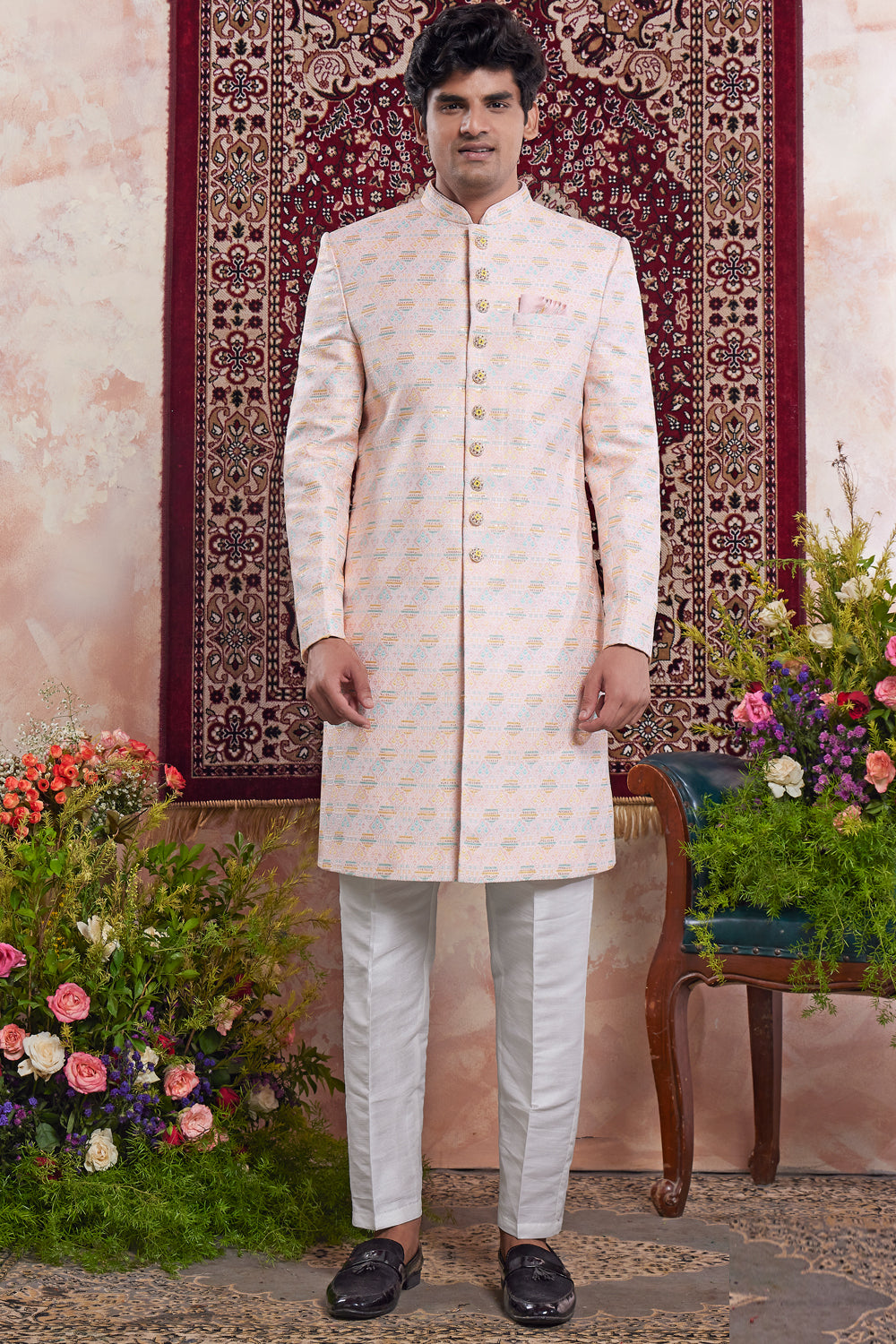 Light Orange Banarasi Jaquard Indo Western (NMK-8562) - Nihal Fashions