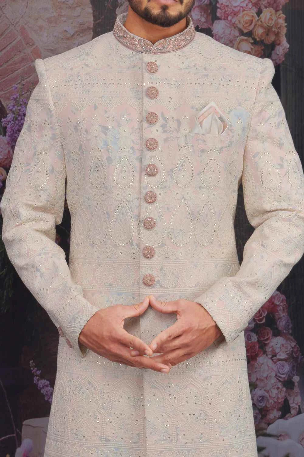 Light Peach Cream Georgette Lucknowi Sherwani (NMK-4765)