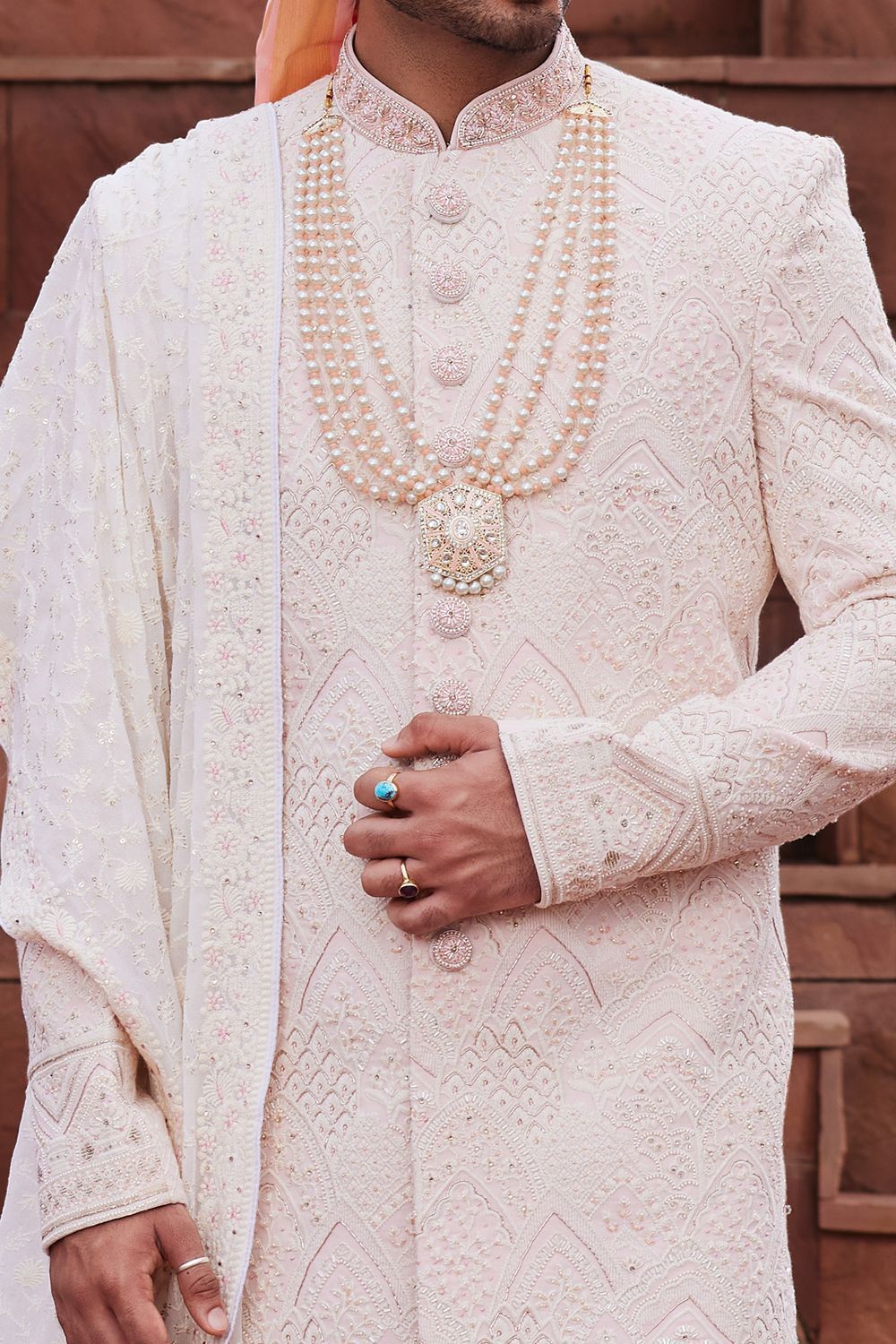 Light Peach Georgette Grooms Sherwani (NMK-7157) - Nihal Fashions