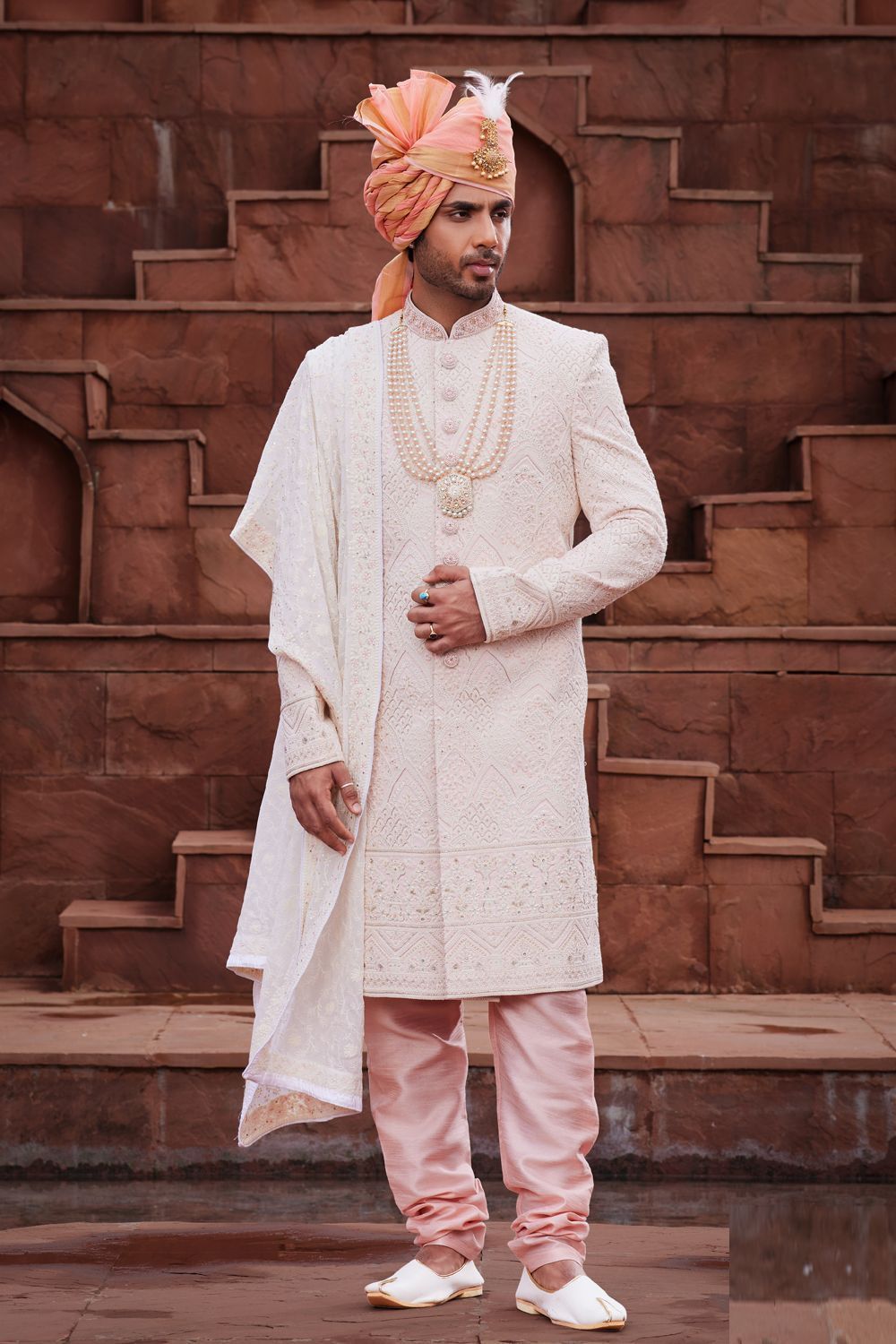Light Peach Georgette Grooms Sherwani (NMK-7157) - Nihal Fashions