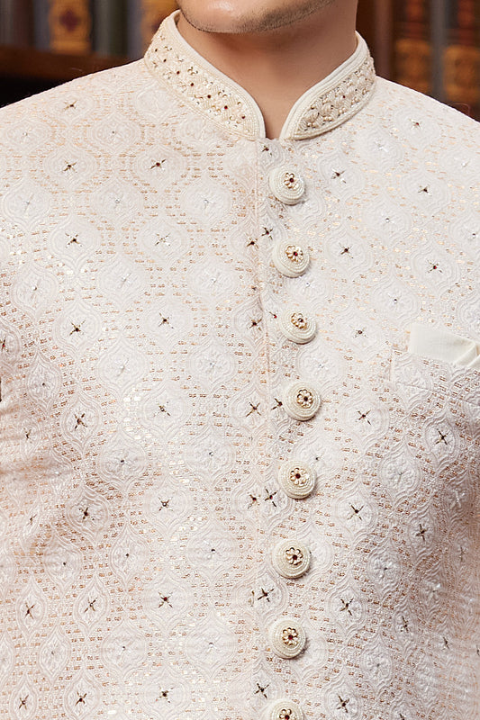 Light Peach Imported Jaquard Silk Sherwani (NMK-8282) - Nihal Fashions