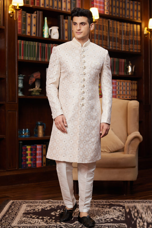 Light Peach Imported Jaquard Silk Sherwani (NMK-8282) - Nihal Fashions