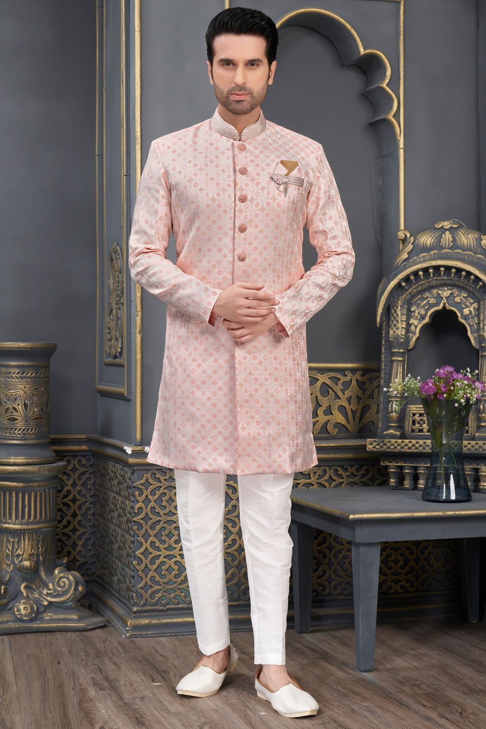 Light Peach Jaquard Indo Western (NMK-7324) - Nihal Fashions