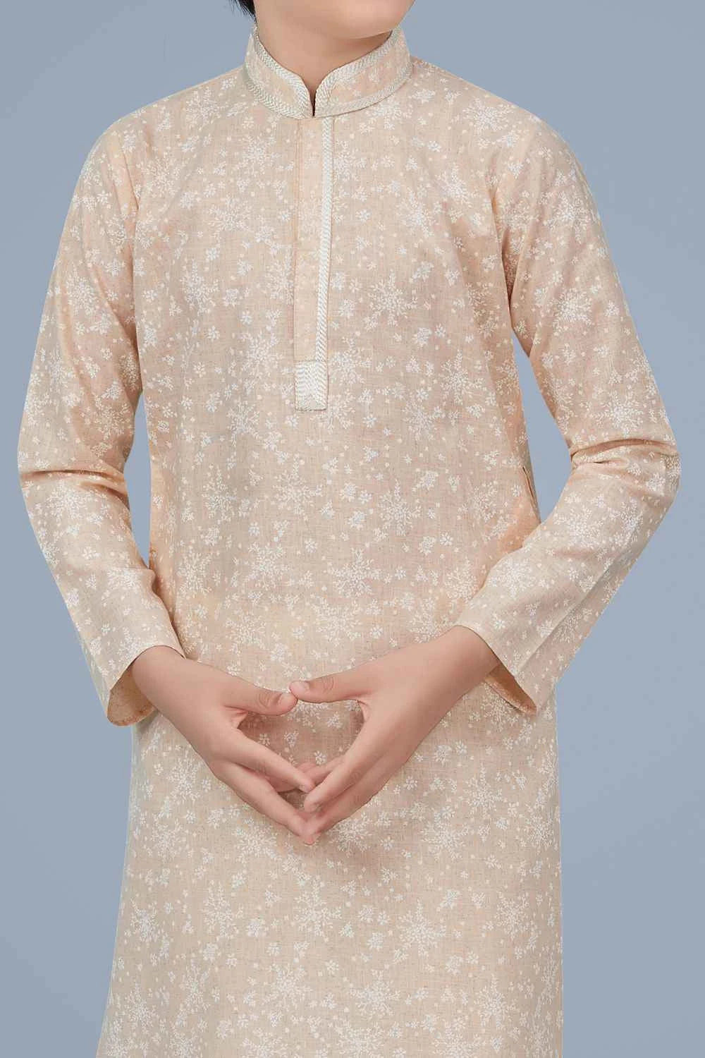 Light Peach Printed Cotton Silk Boys Kurta Pajama (NKK-709)