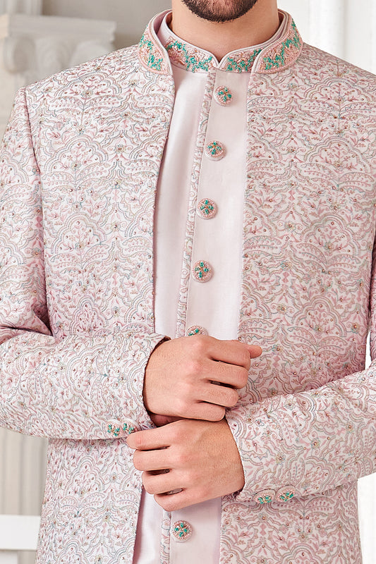 Light Pink Art Embroidered Silk Indo Western (NMK-8531) - Nihal Fashions