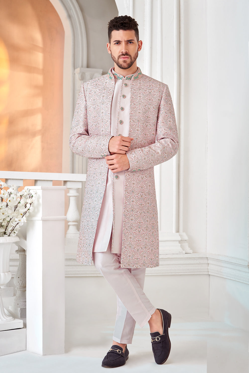 Light Pink Art Embroidered Silk Indo Western (NMK-8531) - Nihal Fashions