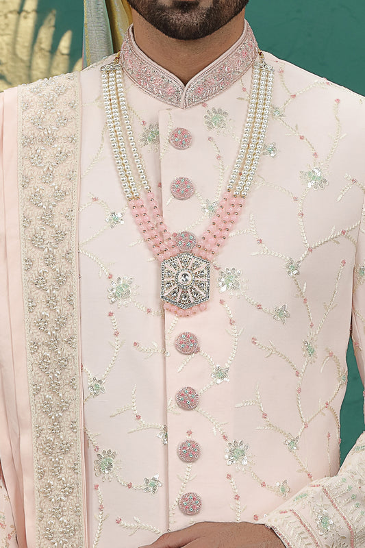 Light Pink Art Silk Sherwani (NMK-8604) - Nihal Fashions