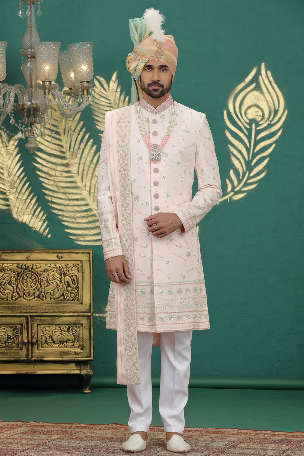 Light Pink Art Silk Sherwani (NMK-8604) - Nihal Fashions