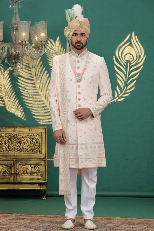 Light Pink Art Silk Sherwani (NMK-8604) - Nihal Fashions