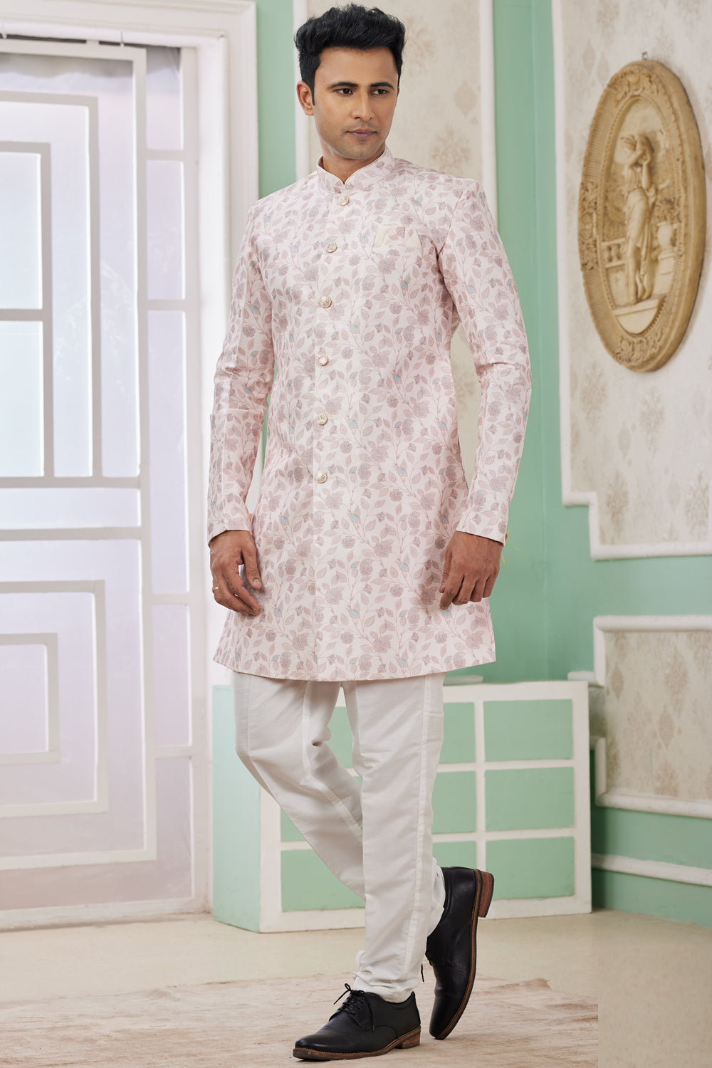 Light Pink Banarasi Jaquard Indo Western (NMK-8579) - Nihal Fashions