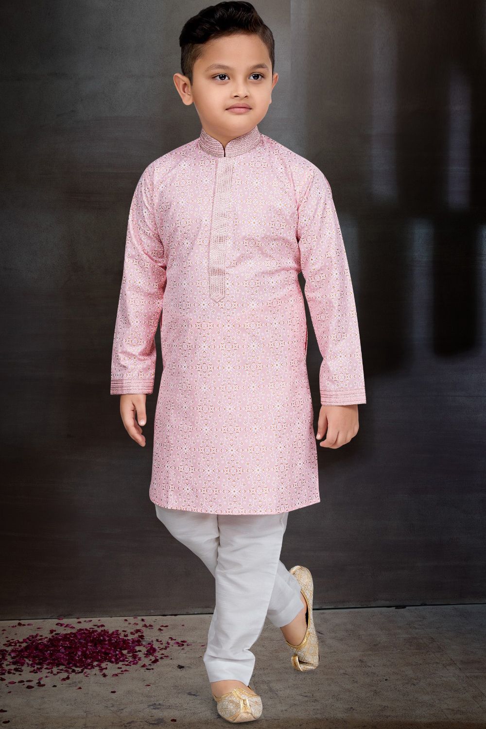 Light Pink Cotton Printed Boys Kurta Pajama (NKK-777) - Nihal Fashions