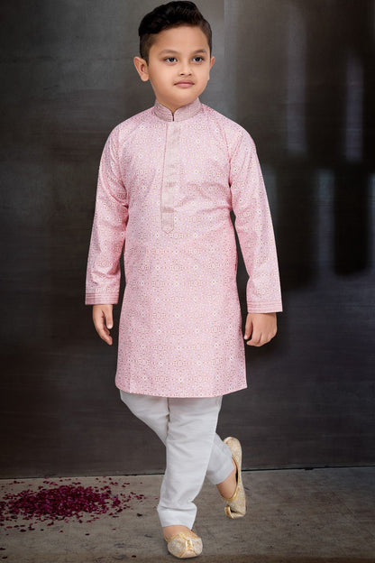 Light Pink Cotton Printed Boys Kurta Pajama (NKK-777) - Nihal Fashions