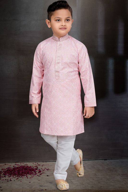 Light Pink Cotton Printed Boys Kurta Pajama (NKK-777) - Nihal Fashions