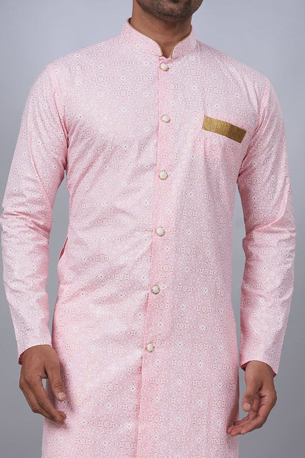 Light Pink Cotton Printed Mens Indo Western (NMK-6937) - Nihal Fashions