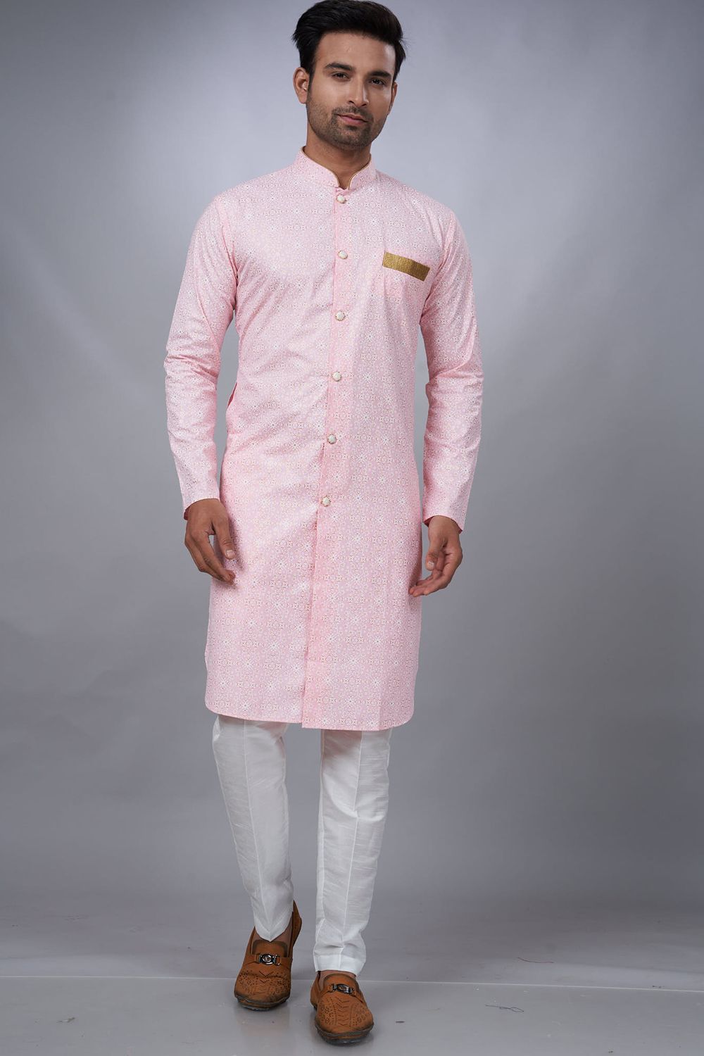 Light Pink Cotton Printed Mens Indo Western (NMK-6937) - Nihal Fashions