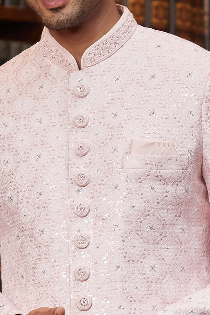 Light Pink Imported Jaquard Silk Sherwani (NMK-8283) - Nihal Fashions