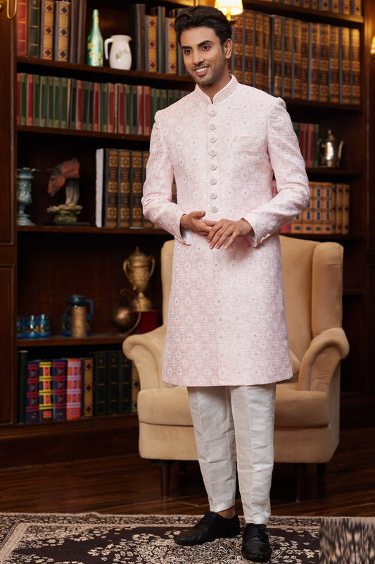 Light Pink Imported Jaquard Silk Sherwani (NMK-8283) - Nihal Fashions
