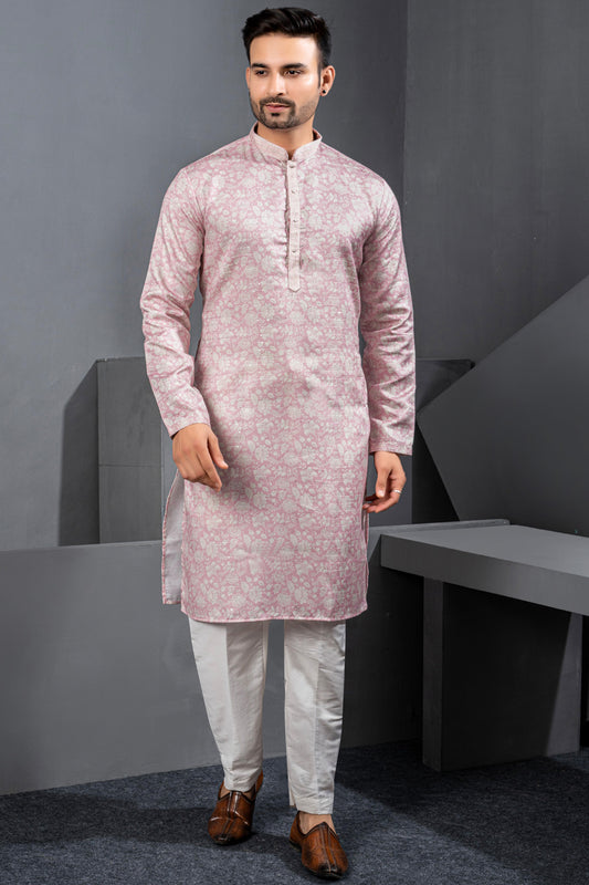 Light Pink Printed Cotton Silk Kurta Pajama (NMK-8781) - Nihal Fashions