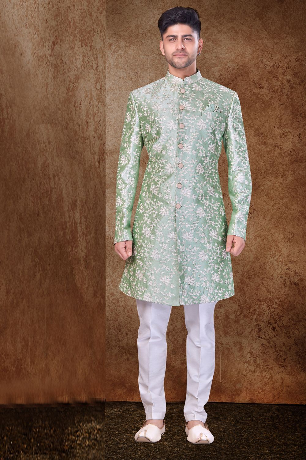 Light Pista Art Silk Mens Sherwani (NMK-6760) - Nihal Fashions