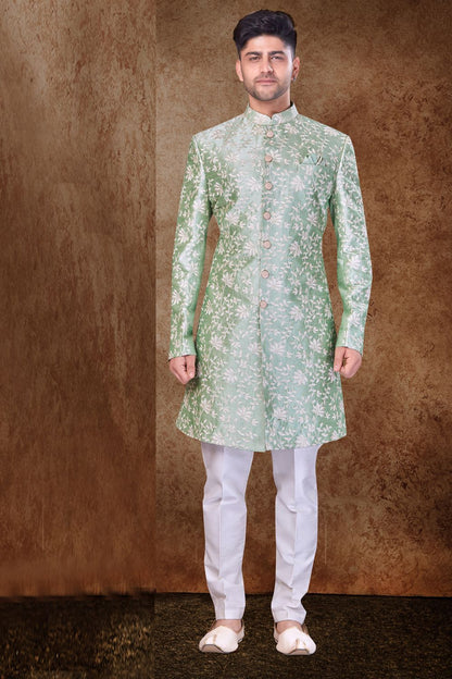 Light Pista Art Silk Mens Sherwani (NMK-6760) - Nihal Fashions