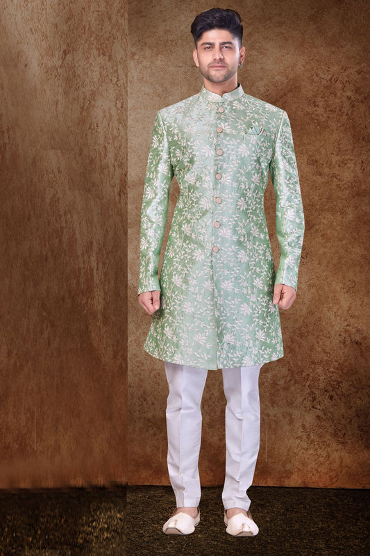 Light Pista Art Silk Mens Sherwani (NMK-6760) - Nihal Fashions