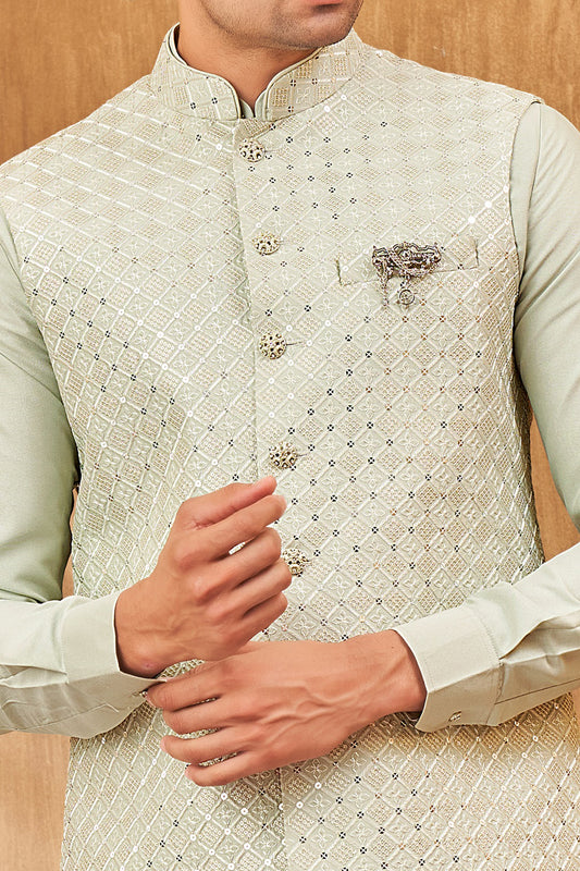 Light Pista Green Art Silk Nehru Jacket (NMK-8051) - Nihal Fashions