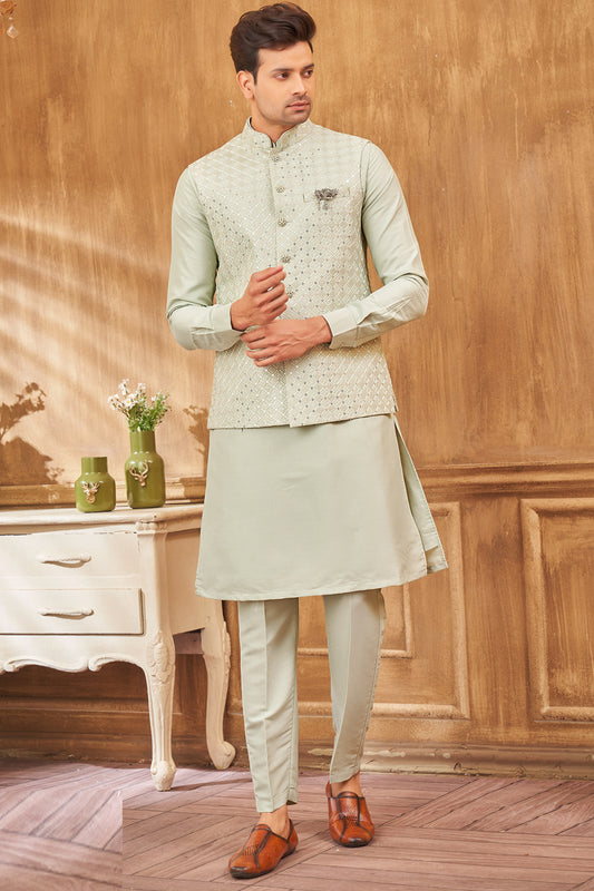 Light Pista Green Art Silk Nehru Jacket (NMK-8051) - Nihal Fashions