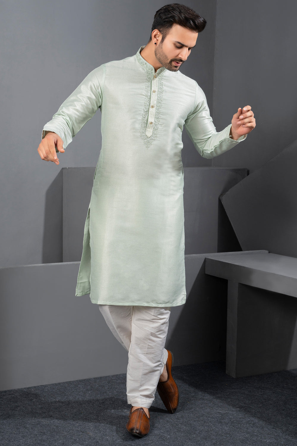 Light Pista Green Banglori Silk Kurta Pajama (NMK-8743) - Nihal Fashions