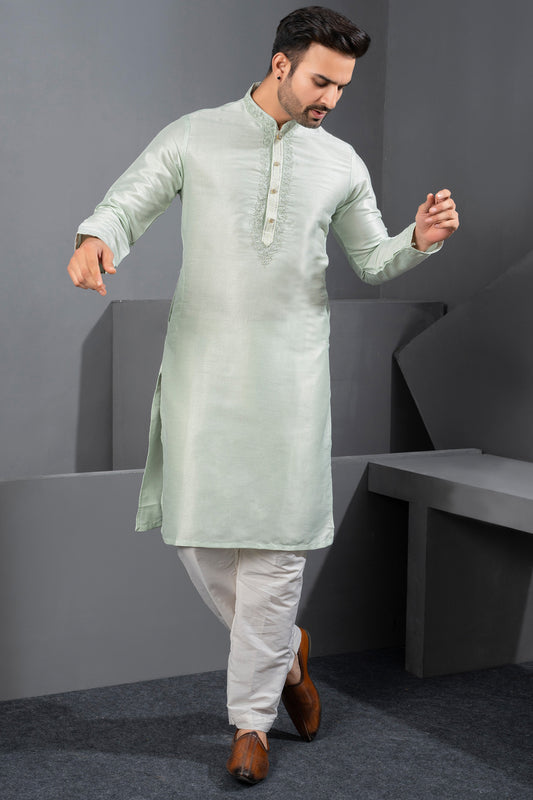 Light Pista Green Banglori Silk Kurta Pajama (NMK-8743) - Nihal Fashions