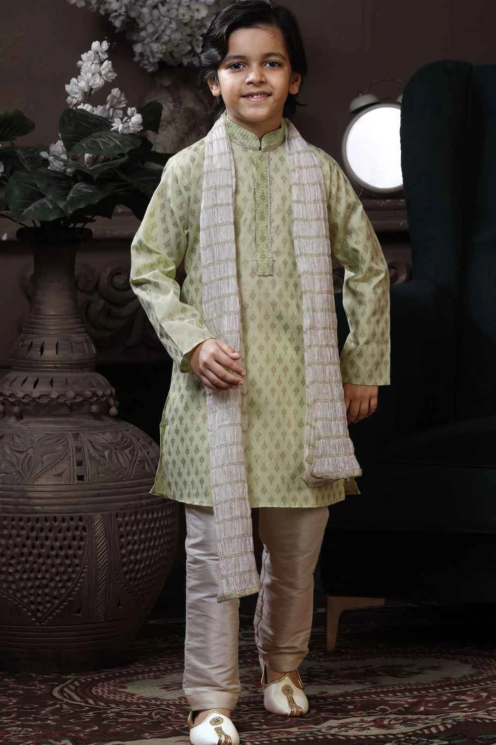Light Pista Green Cotton Printed Boys Kurta Pajama (NKK-748)