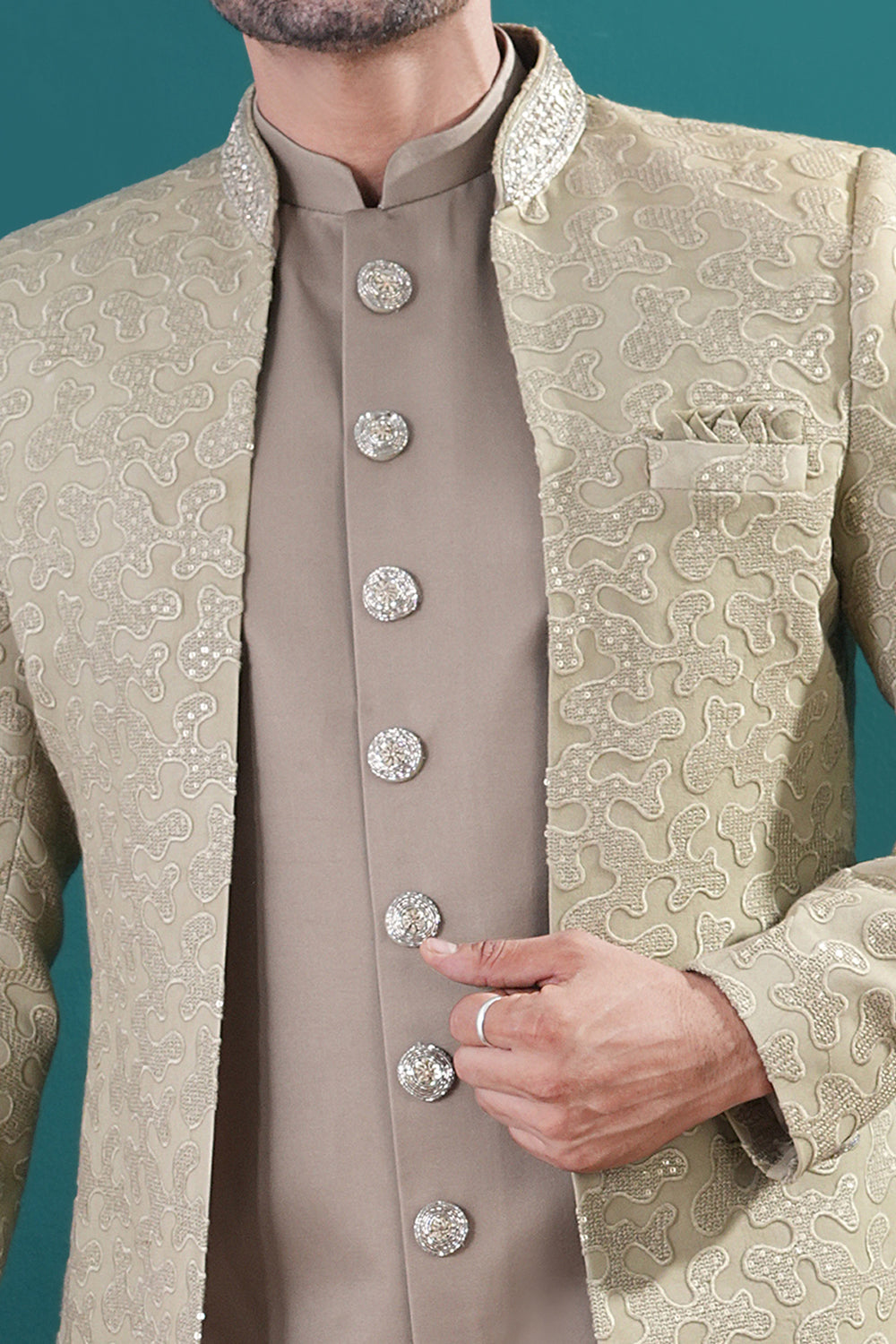 Light Pista Green kurta with jacket (NMK-8445) - Nihal Fashions