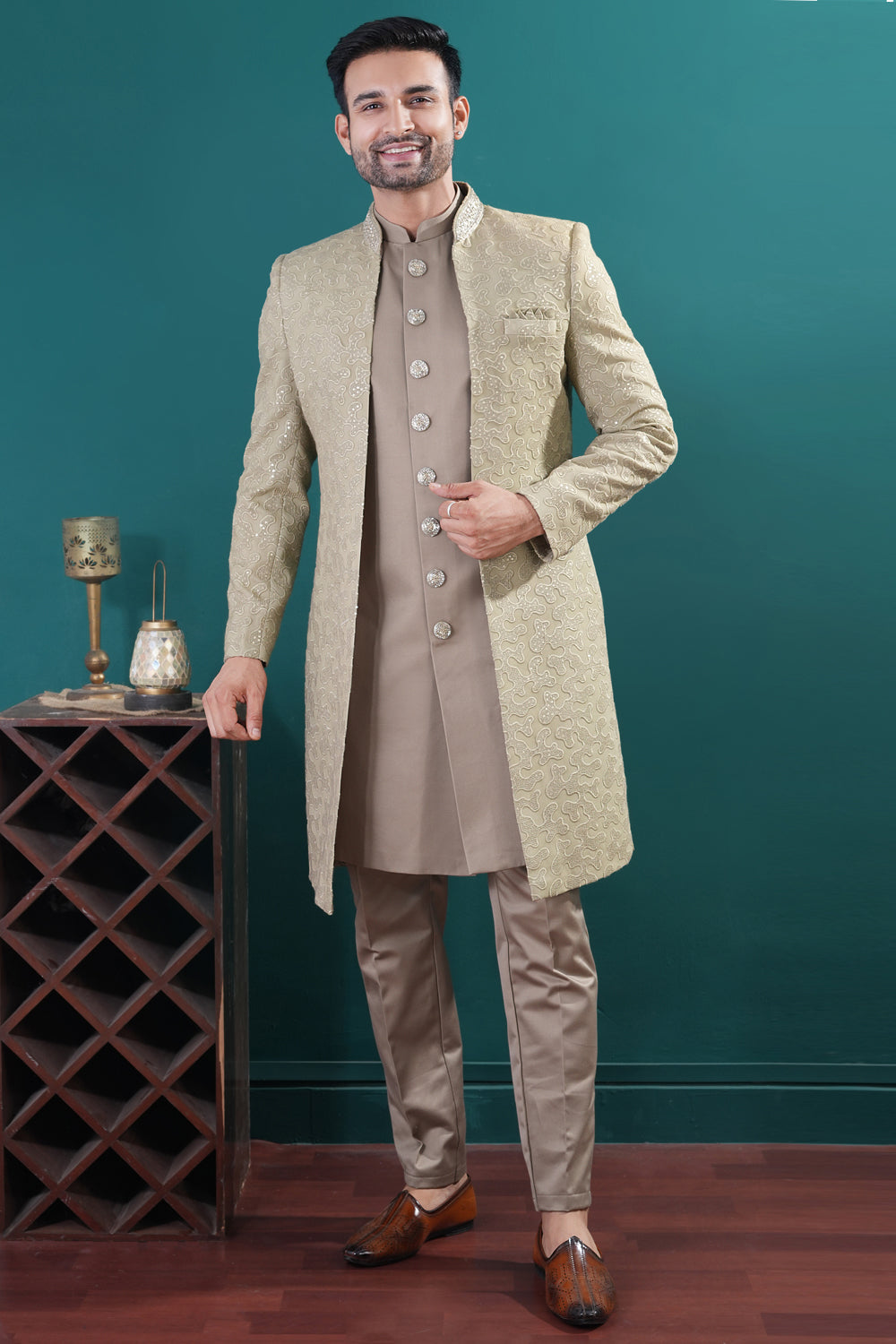 Light Pista Green kurta with jacket (NMK-8445) - Nihal Fashions