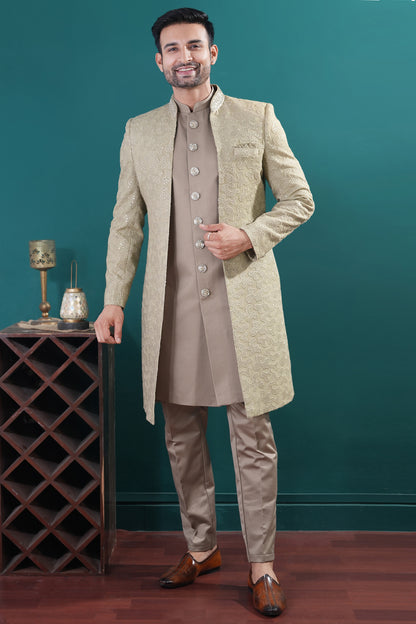 Light Pista Green kurta with jacket (NMK-8445) - Nihal Fashions