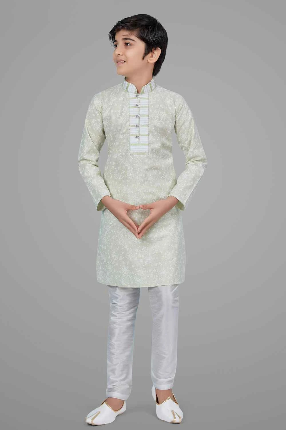Light Pista Green Printed Cotton Silk Boys Kurta (NKK-705)