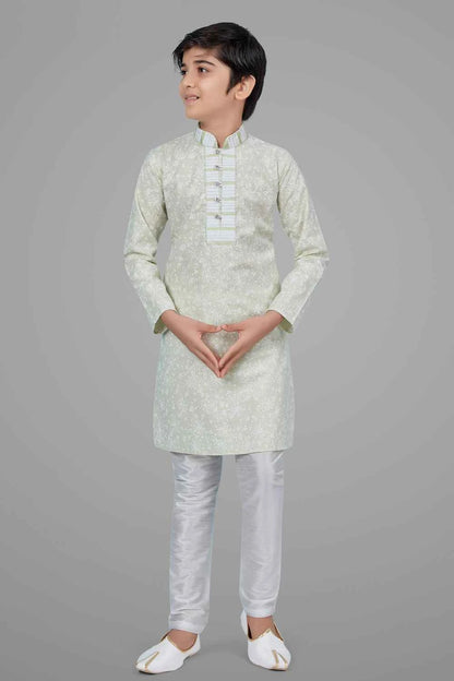 Light Pista Green Printed Cotton Silk Boys Kurta (NKK-705)