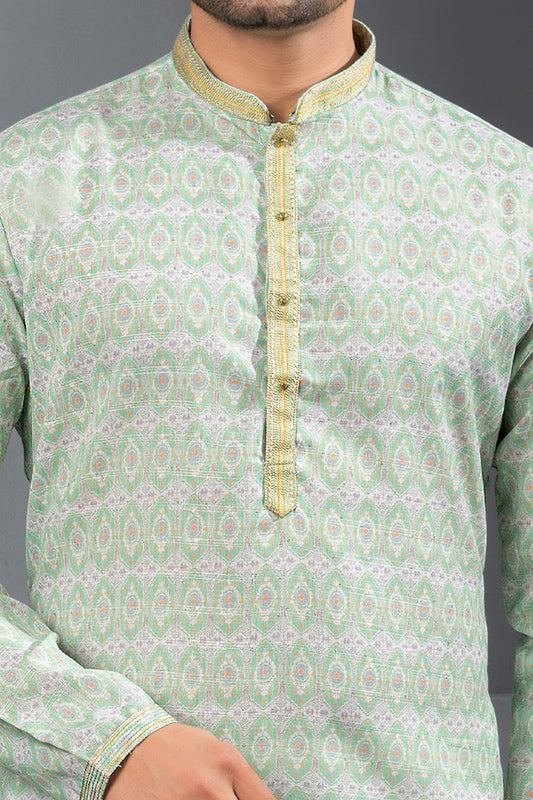 Light Pista Green Printed Cotton Silk Kurta Pajama (NMK-8722) - Nihal Fashions