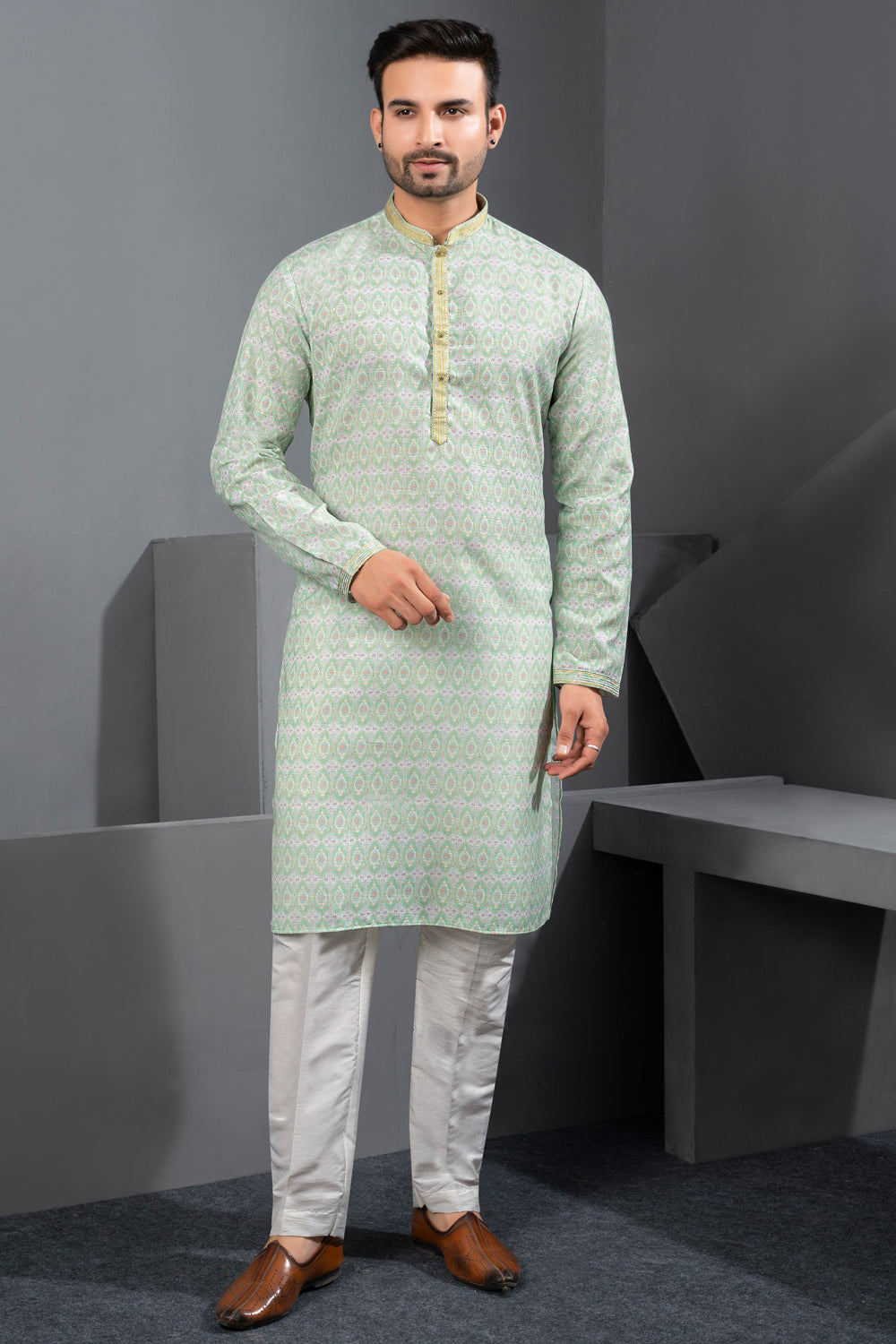 Light Pista Green Printed Cotton Silk Kurta Pajama (NMK-8722) - Nihal Fashions