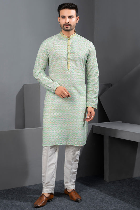 Light Pista Green Printed Cotton Silk Kurta Pajama (NMK-8722) - Nihal Fashions