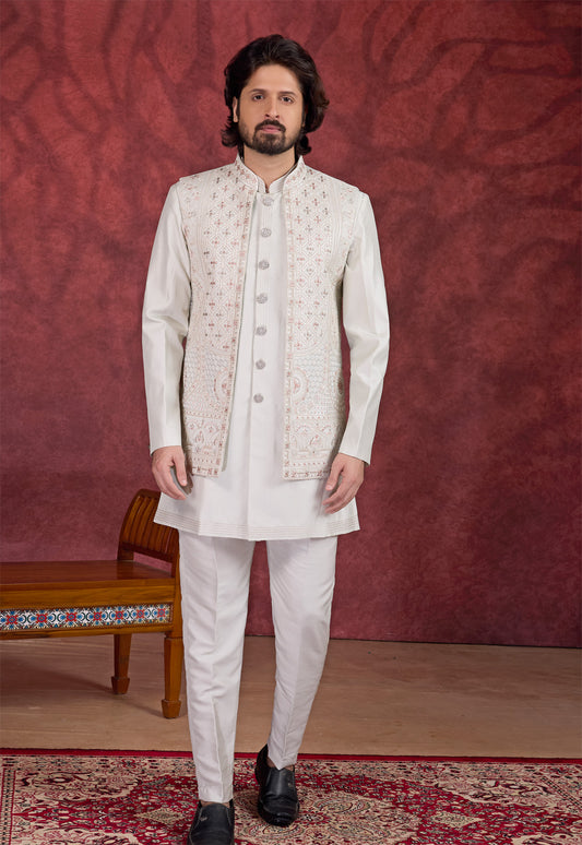 Light Pista Green Silk Long Jacket Indo Western (NMK-8698) - Nihal Fashions