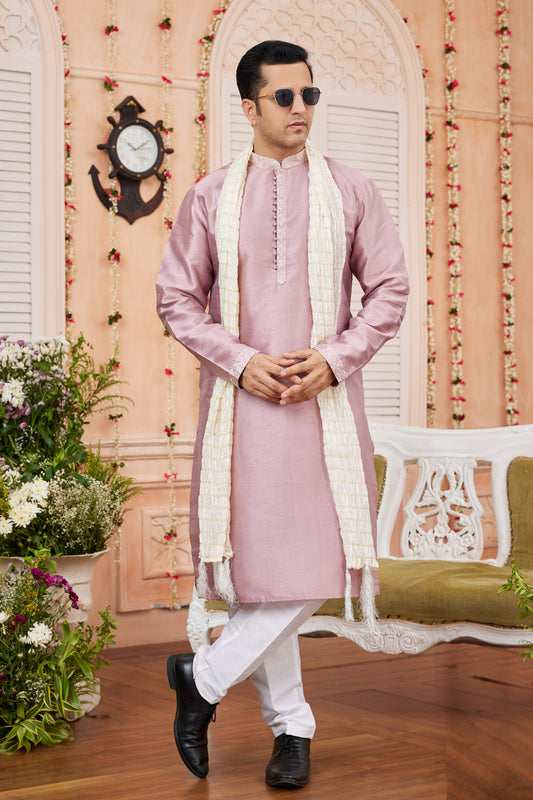 Light Purple Art Banarasi Silk Kurta Pajama (NMK-7966) - Nihal Fashions