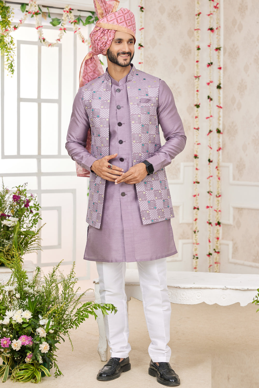 Light Purple Art Silk 3 piece Jacket Set (NMK-7968) - Nihal Fashions