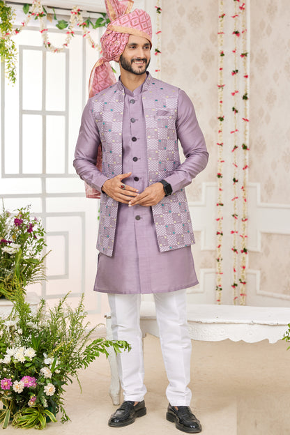 Light Purple Art Silk 3 piece Jacket Set (NMK-7968) - Nihal Fashions